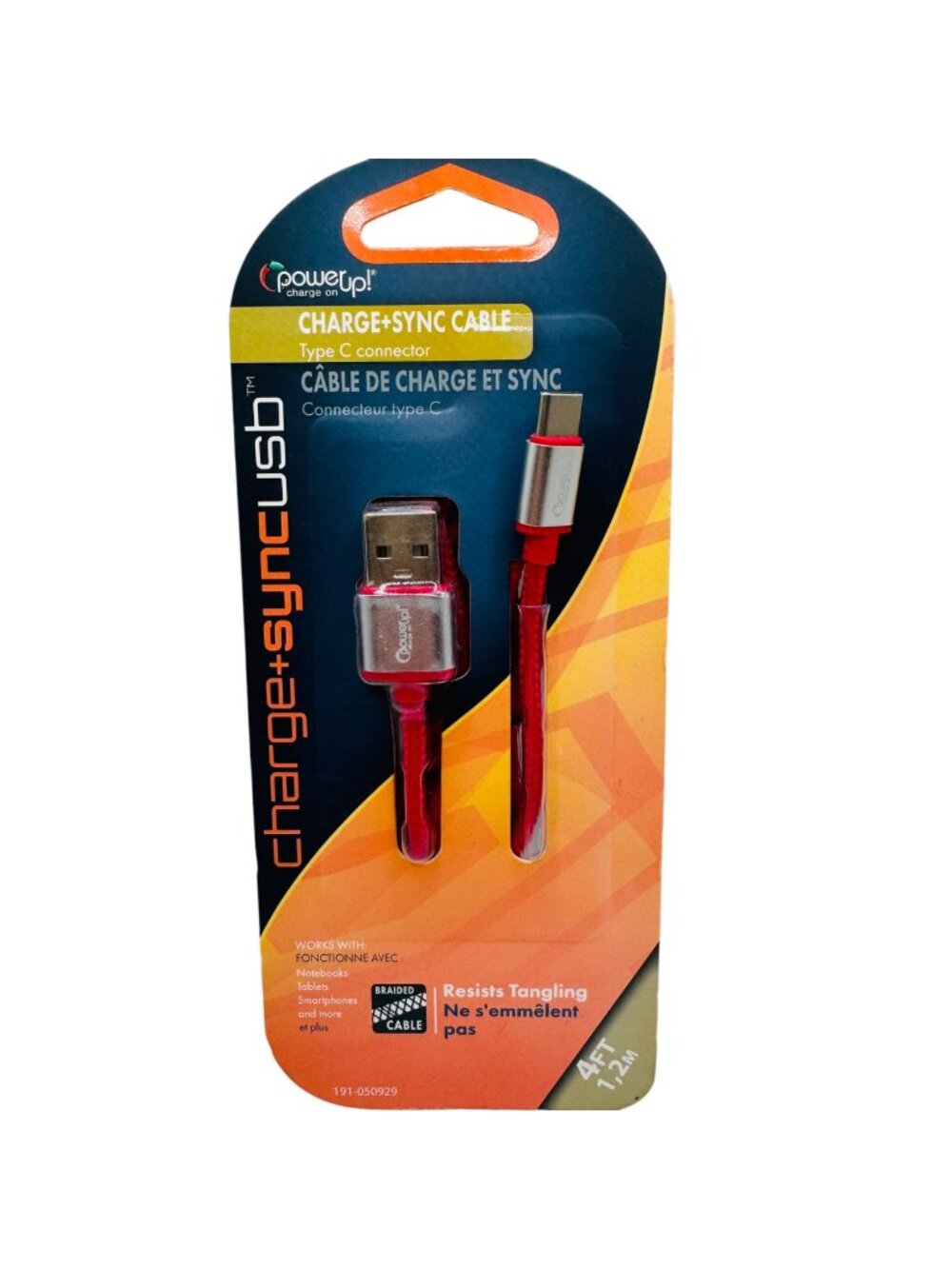 Charge+Sync USB Type C Cable 4ft Red Tangle-Resistant Braided 2.0 Aluminum Tips